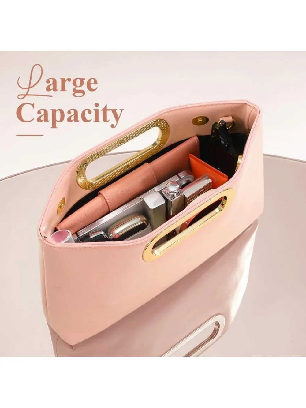 Women's Pink Clutch Handbag Modern Faux Leather with Metal Handle Evening Bag